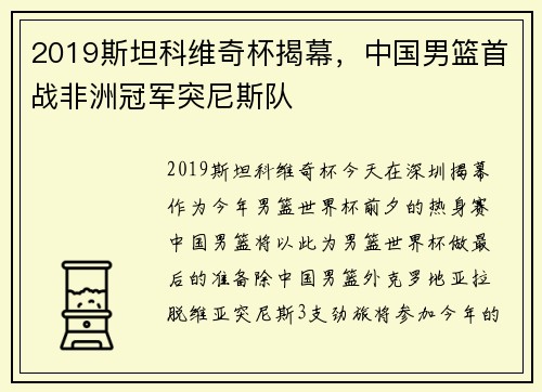2019斯坦科维奇杯揭幕，中国男篮首战非洲冠军突尼斯队